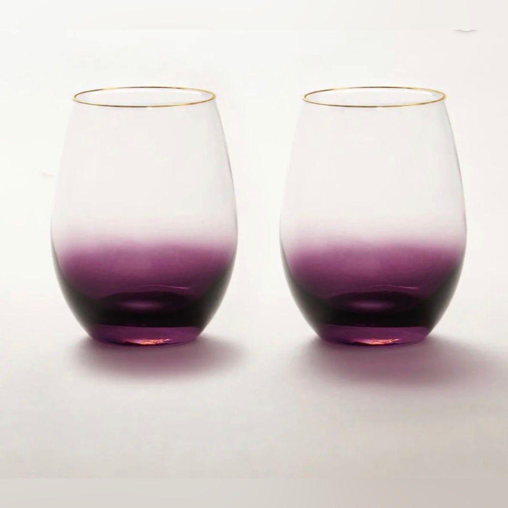 Anna NY | Amethyst Ombre Stemless Wine Glasses | 24K Gold Rim -NIB | Great Gift!